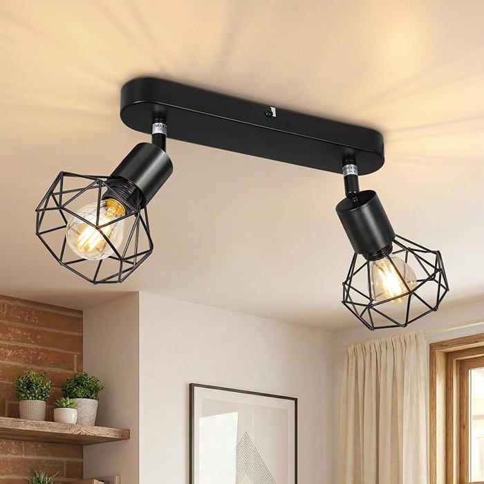 Luminaire plafond 2 spots orientables LED noir rampe moderne diamant E14 applique