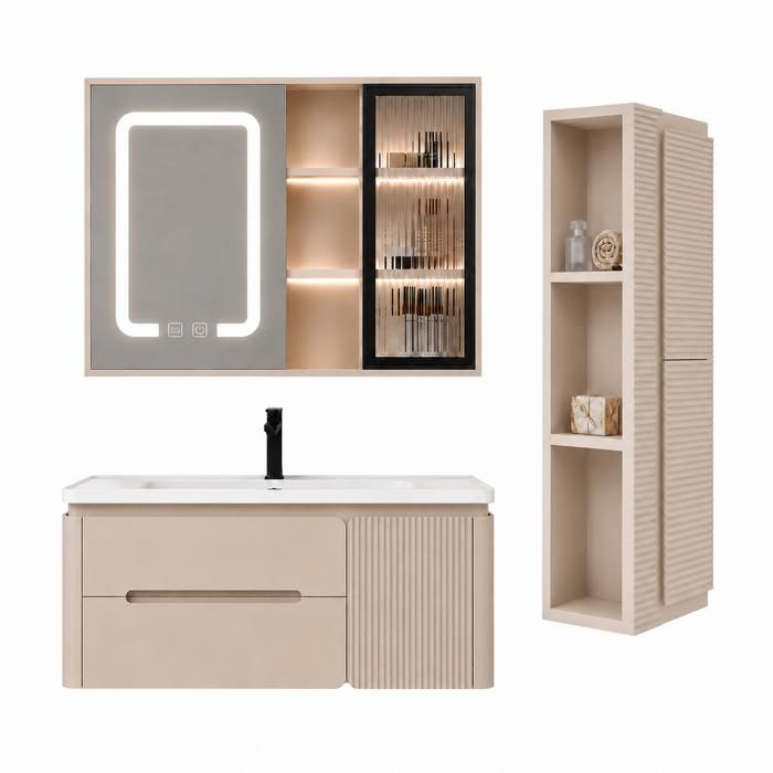 Ensemble meuble de salle de bain avec vasque armoire miroir LED et colonne - 80 cm - CYLIA Ensemble meuble de salle de bain avec vasque armoire miroir LED et colonne - 80 cm - CYLIA