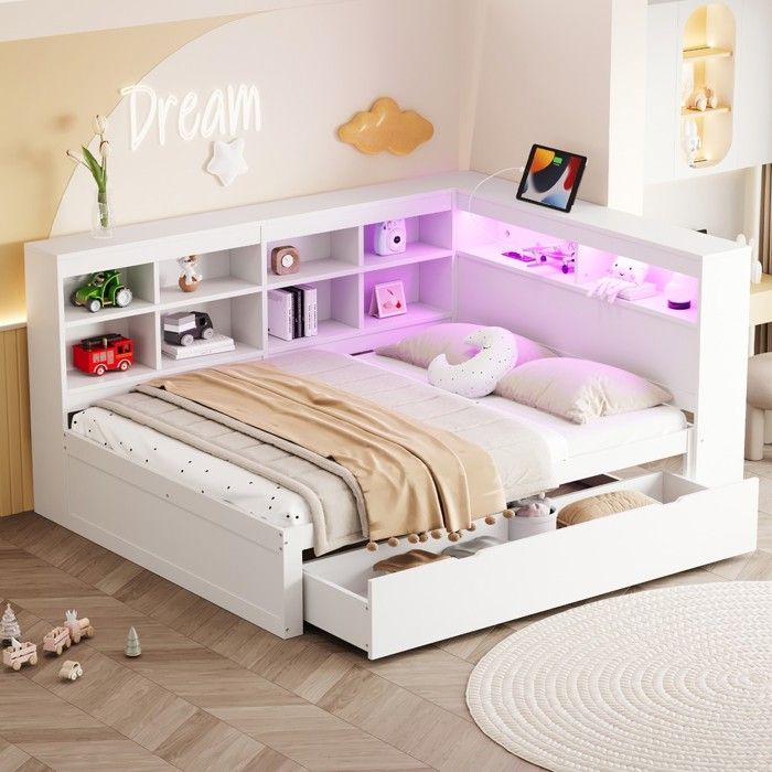 Lit canapé massif - Zephmum - 140x200 grandes tiroirs USB LED étagères rangement blanc