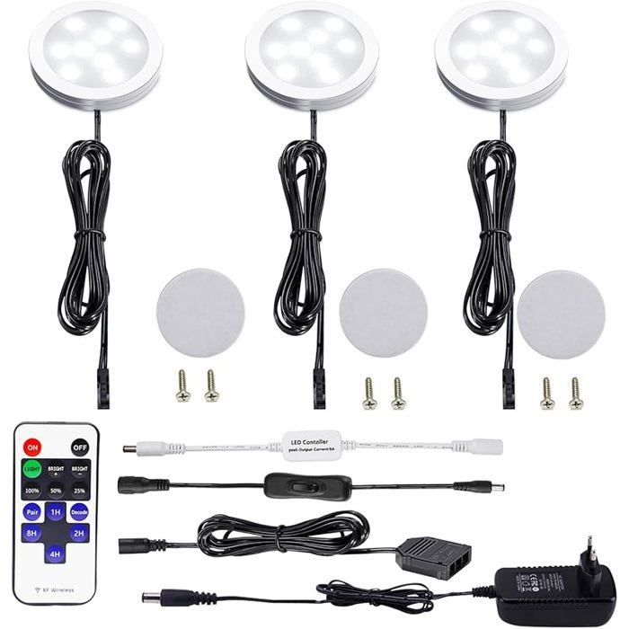 Lot de 3 lampes LED sous meuble de cuisine - Blanc froid - Avec câble - Intensité variable - Éclairage sous Blanc Froide