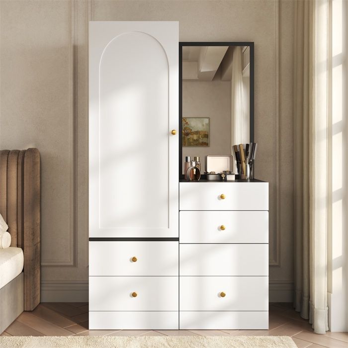Coiffeuse armoire gain de place - avec miroir sur pied pouf coulissant et tiroir maquillage - Noir et Blanc