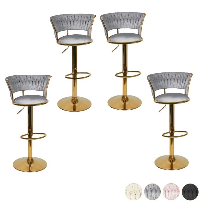 4x Chaise de Bureau avec dossier Gris tabouret de bar avec siège en Velours de chambre Rotation 360° Hauteur réglable Pied doré