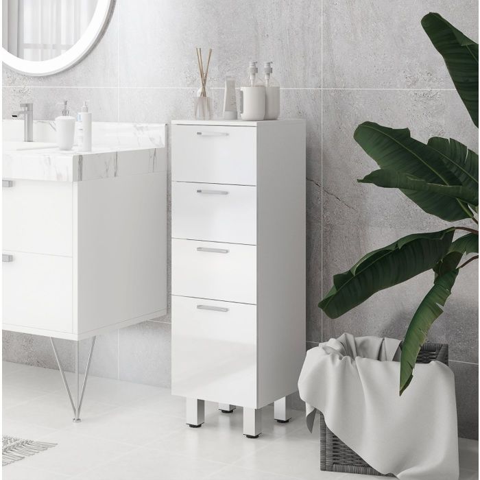 JOINERY Meuble de Salle de Bain Meuble de Rangement Fin 4 Tiroirs30 x 30 x 93cm Meuble bas commode SDB Blanc-Style Moderne