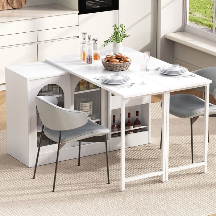Table bar extensible Zitty meuble bar réversible blanc avec porte vitrée pivotante 360° 121 5 x 40 x 76 7 cm MDF PB fer