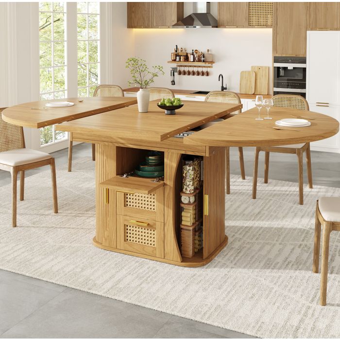 ROVRYN Table à manger extensible 118-158 cm avec rangement 3 tiroirs style rotin MDF aspect bois naturel