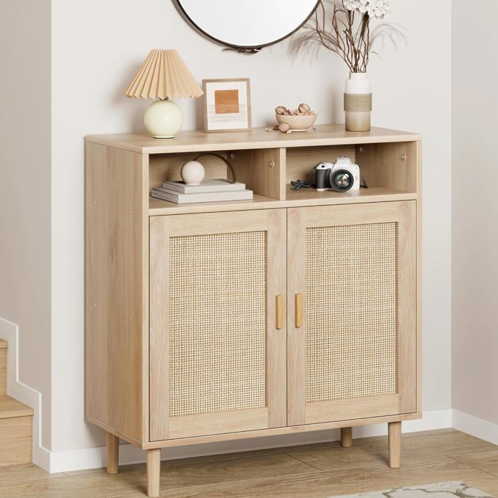 Buffet armoire de rangement moderne en rotin avec 2 portes et étagère meuble déco multifonction pour cuisine salle à manger