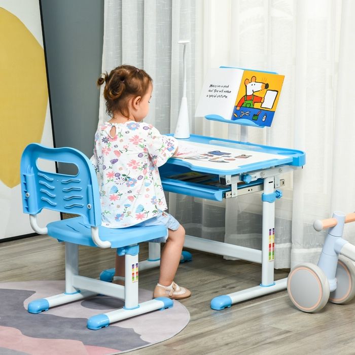 Bureau scolaire avec chaise pour enfants 6-12 ans hauteur et inclinaison réglables bleu