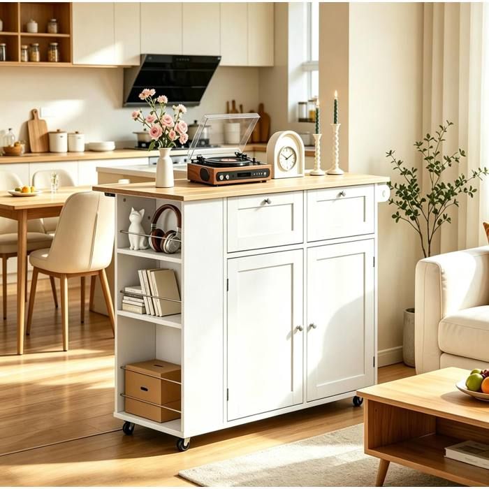 Îlot de cuisine moderne avec plan de travail rabattable et rangement type chariot
