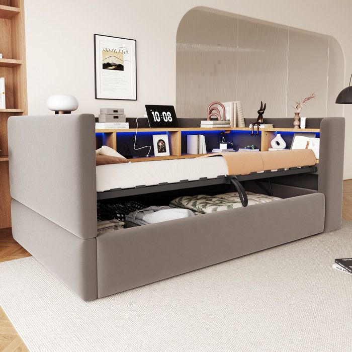 Lit Coffre 90x190cm - Lit Simple 90x190 avec Tête de Lit Étagère LED Prises USB - Gris Foncé