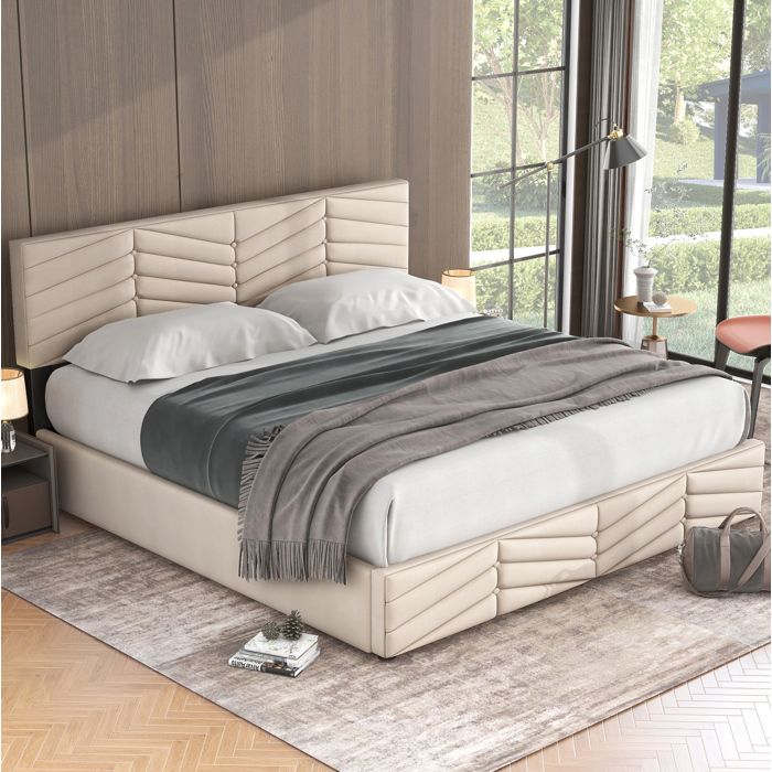 Lit coffre hydraulique 160 x 200 cm - Beige - Velours - Tete de lit reglable