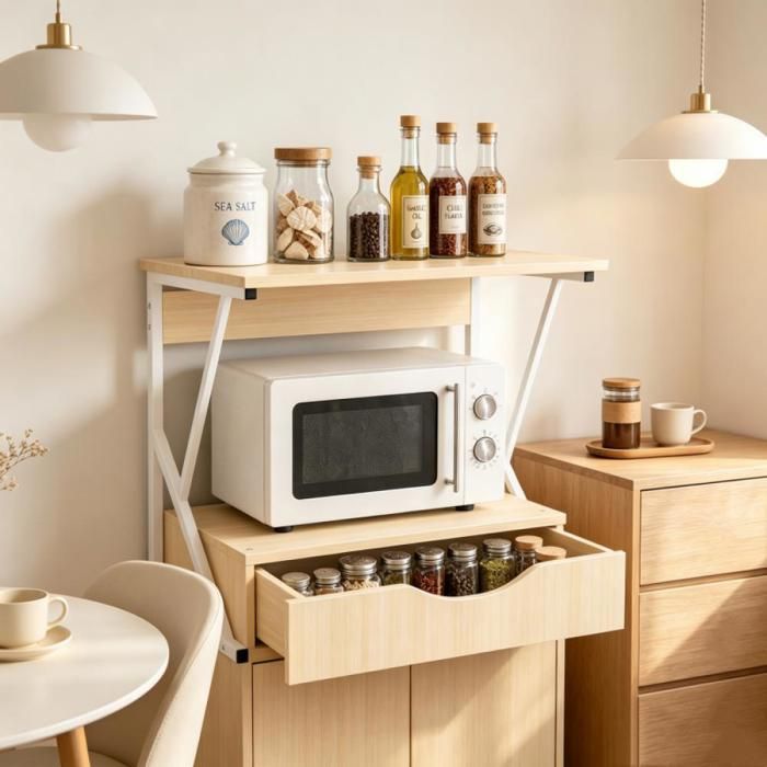 PEACHES Support micro-ondes étagère plan de travail multifonctionrangement cuisine avec tiroir charge 50kg couleur érable blanc