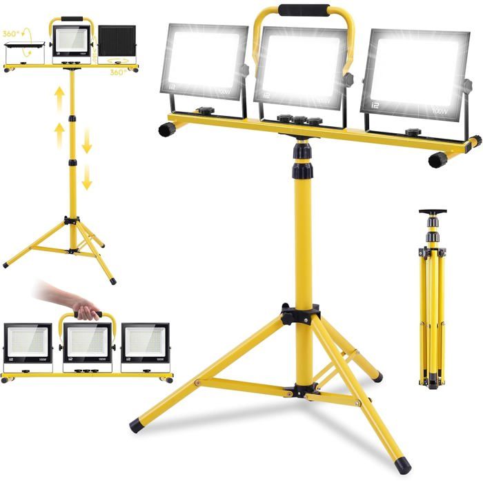 Projecteur Led Chantier 300W Avec Trépied Et Prise Luminaire Exterieur À Trois Têtes Avec 3M Câble Ip65 Étanchéité Blanc Fro[CA52]