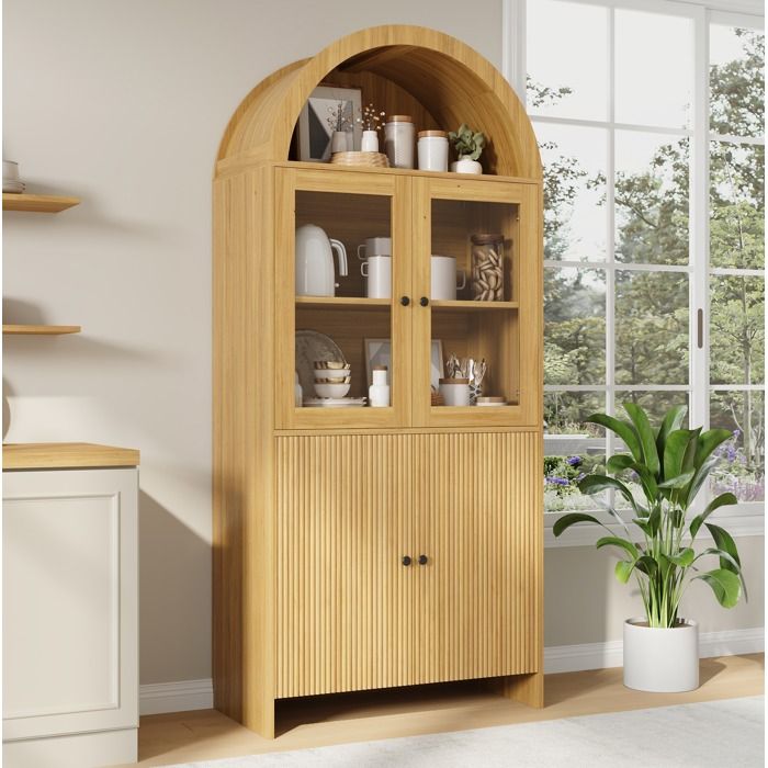 Buffet haut 78 x 40 x 176 cm en panneaux de particules couleur bois naturel avec porte vitrée rangement fermé et design arrondi
