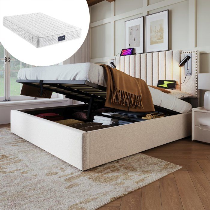 Lit coffre 140x200 double avec matelas rangement sous le couchage et LED intégrée