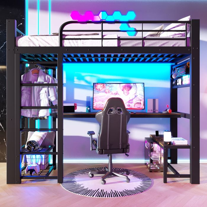 Lit mezzanine 140x200 cm métal noir avec éclairage LED bureaux en bois étagères barre de séchage sans matelas Lit mezzanine 140x200 cm métal noir avec éclairage LED bureaux en bois étagères barre de séchage sans matelas