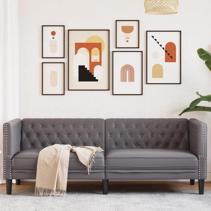 Canapé Chesterfield 3 places en similicuir gris - Dossier capitonné - Assise rembourrée - 194 x 74 5 x 70 5 cm{72450}