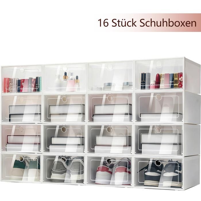 Lot de 16 boîtes à chaussures transparentes empilables pliables avec couvercle rabattable Lot de 16 boîtes à chaussures transparentes empilables pliables avec couvercle rabattable