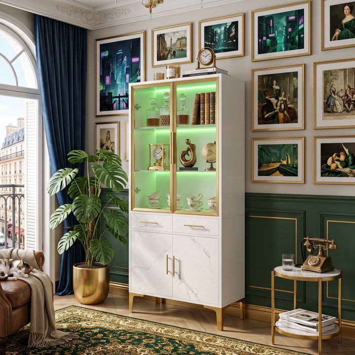 Vitrine LED Salon 75x38x170 cm Grand Rangement Design Soigné Effet Marbre Portes Verre & 2 Tiroirs Pieds Métal - Blanc et Or
