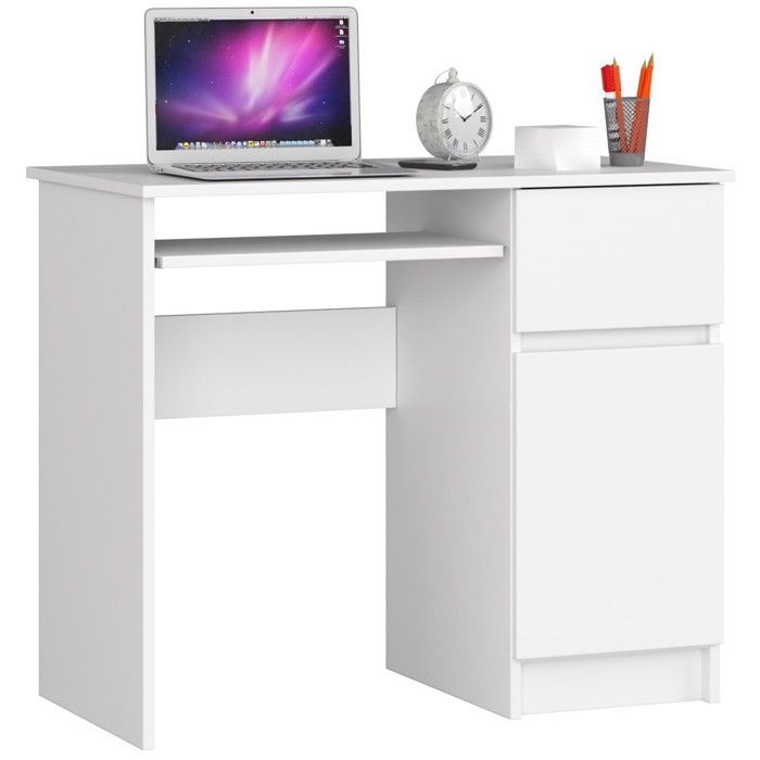 Bureau dordinateur AKORD droit PIKSEL Blanc 90 cm 1 porte 1 tiroir façade Blanche 3 étagères 90x50x77 cm Bureau dordinateur AKORD droit PIKSEL Blanc 90 cm 1 porte 1 tiroir façade Blanche 3 étagères 90x50x77 cm