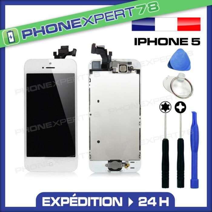 Kit De Réparation Écran IPhone 5 Blanc - LCD + Vitre Tactile Sur Châssis + Verre Trempé - Neuf