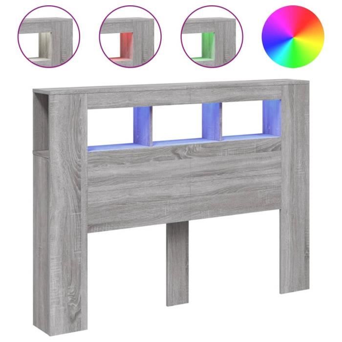 Tête de lit - ASHATA - Modèle à LED - Bois dingénierie - Sonoma gris - 140x185x1035 cm