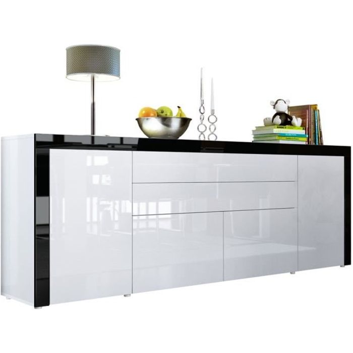 Vladon Buffet commode La Paz V2 en Blanc haute brillance - Blanc haute brillance - Noir haute brillance