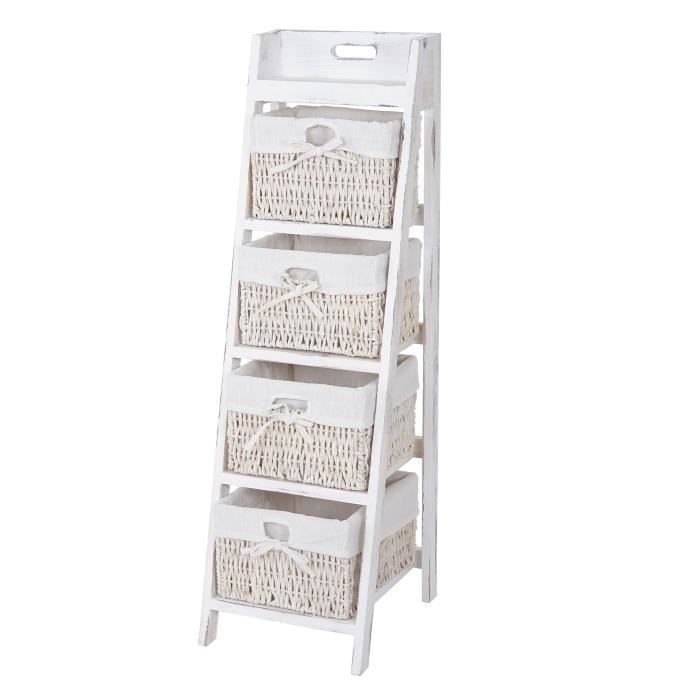étagère échelle goiana, étagère sur pied avec 4 tiroirs en osier 101x30cm, style shabby, vintage ~ blanc