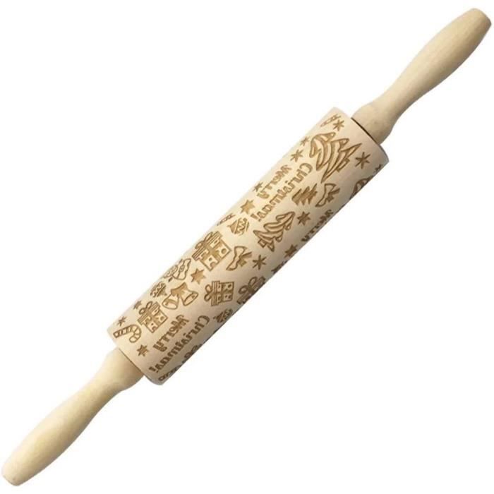 HEKOBAG Rouleau à Pâtisserie Noël Gravé Bois - Motifs Festifs Relief 39 Cm Pour Biscuits Et Pâtes