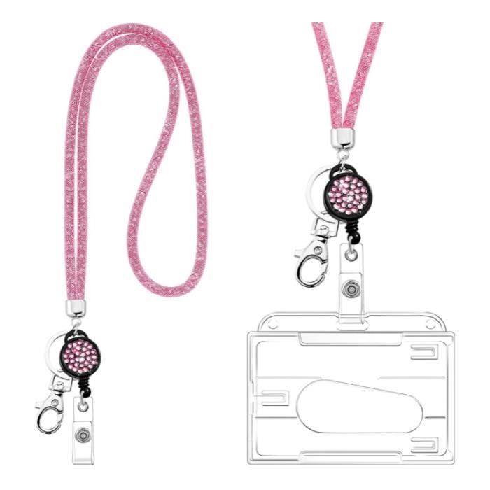 Cordon tour de cou avec strass - Porte-badge d’identification et porte-clés  - Transparent et rose clair,pratique