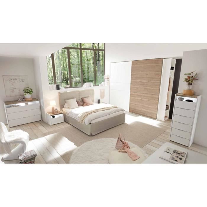 Azurahome - Chambre complète AMALTI blanc et chêne lit 160x200 cm avec