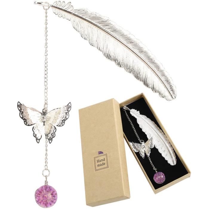 4 Pièces Pendentif Plume Métal Signet Avec Perles Verre - Marque-Page Papillon Fleur Éternelle