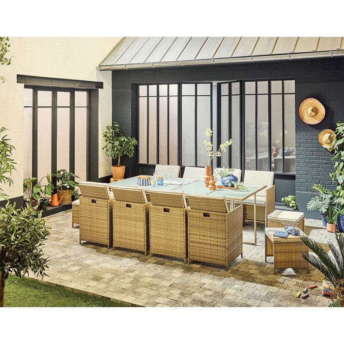Fira – salon de jardin encastrable en résine tressée beige - 12 places - coussins beige + housse de protection - Beige Fira – salon de jardin encastrable en résine tressée beige - 12 places - coussins beige + housse de protection - Beige