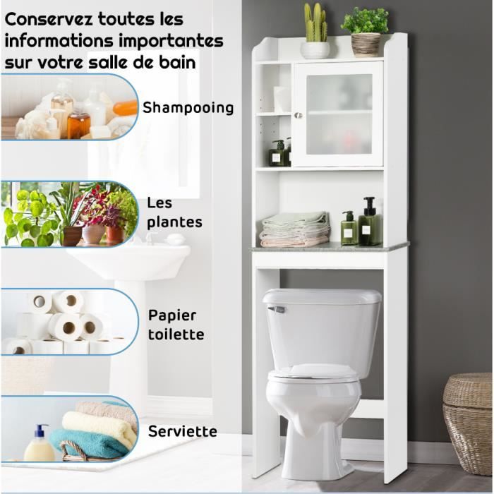 Meuble WC Dessus de Toilettes avec 3 Étagères pour Rangement Salle de Bain  Blanc Moderne 63 x 23 x 168 CM Blanc