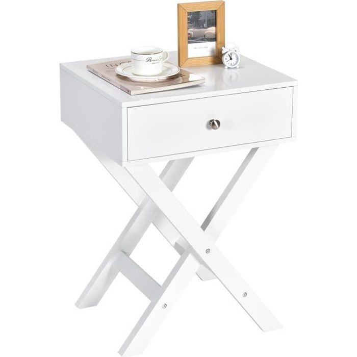 table de chevet - costway - base en forme de x - blanc - tiroir de rangement