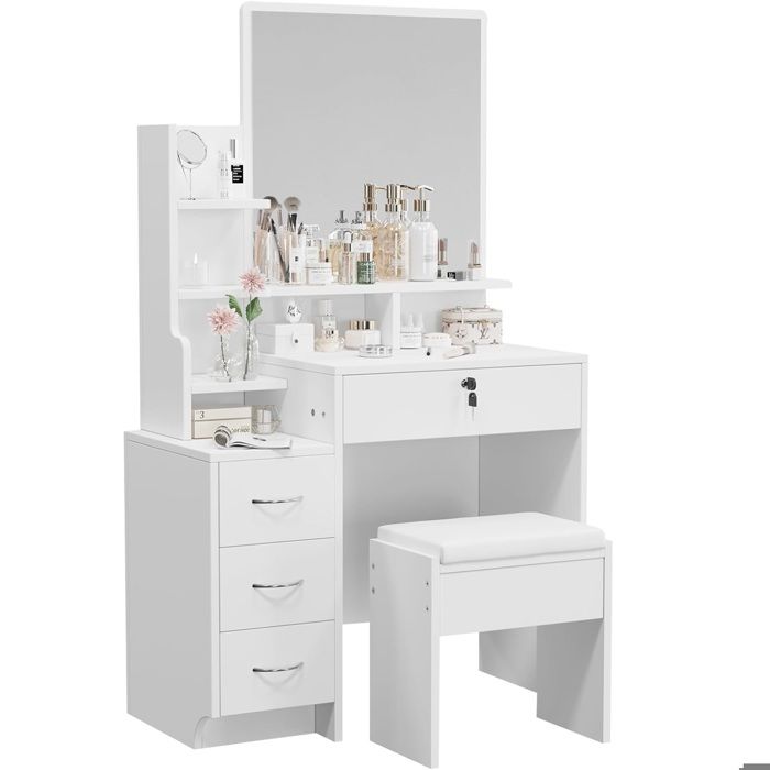 Coiffeuse Moderne Avec Miroir LED Et Dessus Transparent Beline L120cm Blanc 91766246