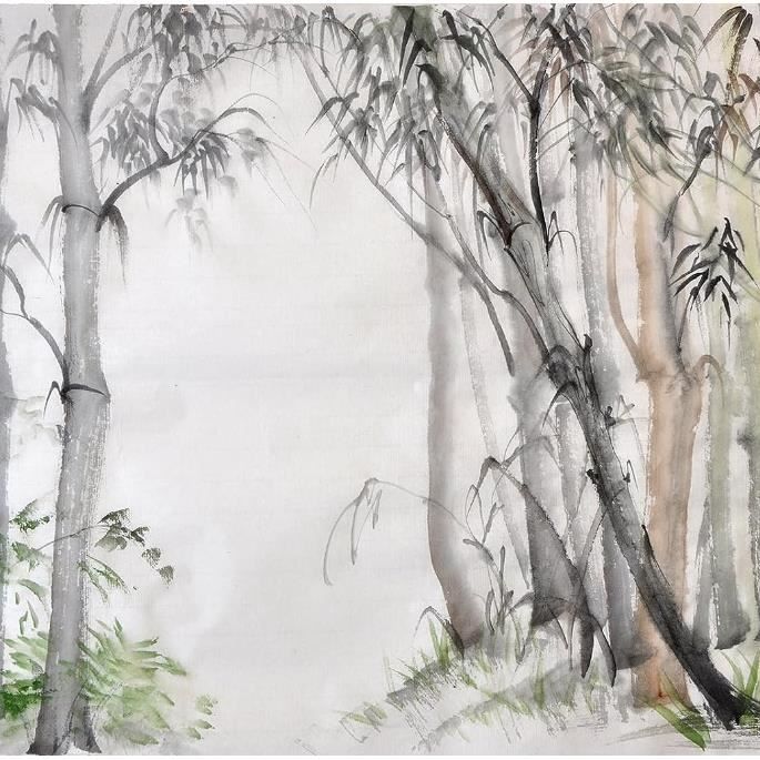Papier Peint Panoramique Forêt Bambou Noir Et Blanc Sur Mesure Soie ...