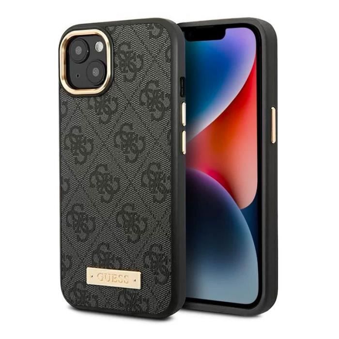 iPhone 14 Plus Coque MagSafe GUESS Monogramme 4G & Plaque Logo Dorée