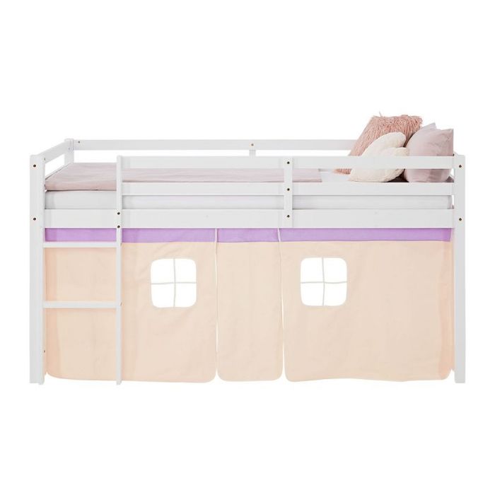 Lit mi-hauteur 90x200 cm avec sommier et rideau violet pêche Lit mi-hauteur 90x200 cm avec sommier et rideau violet pêche