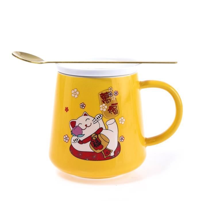 TASSE JAPONAISE DESIGN MANEKI NEKO - Avec Cuillère et Couvercle