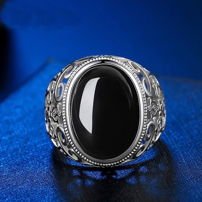 Bague Homme Argent Sterling 925 Onyx Noir Taille Ouverte