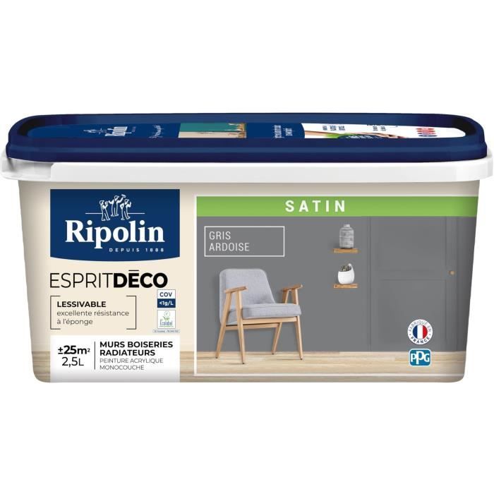 RIPOLIN Peinture Couleur Satin Ultra Couvrante pour Cuisine, Chambre, Salon, Salle, Entrée, Couloir 
