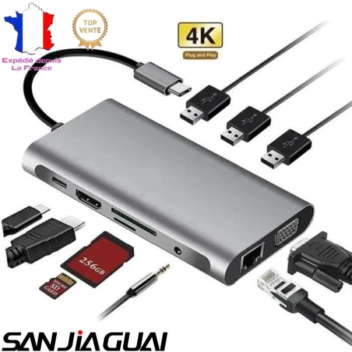 HUB USB C Adaptateur 10 en 1 avec 4K HDMI VGA USB 30 Type C Port Ethernet RJ45 Lecture Carte SDTF AUX 35 mm Audio Peripheriques Usb