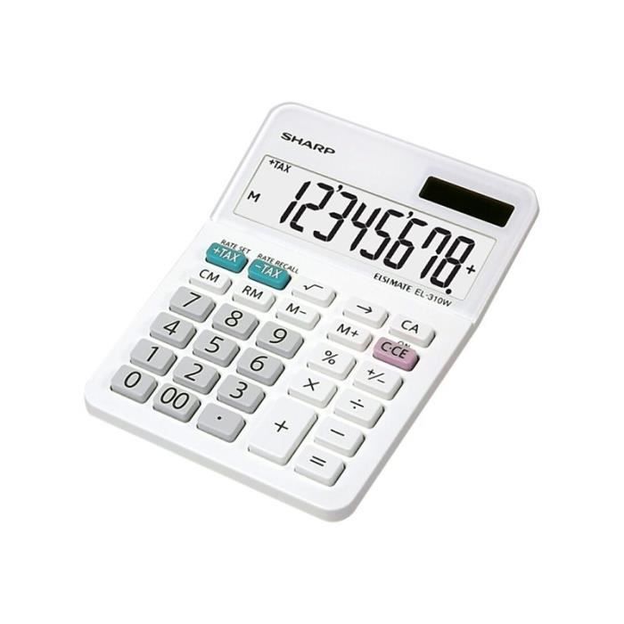 Sharp Elsi Mate EL-310WB Calculatrice de bureau 8 chiffres panneau solaire, pile blanc
