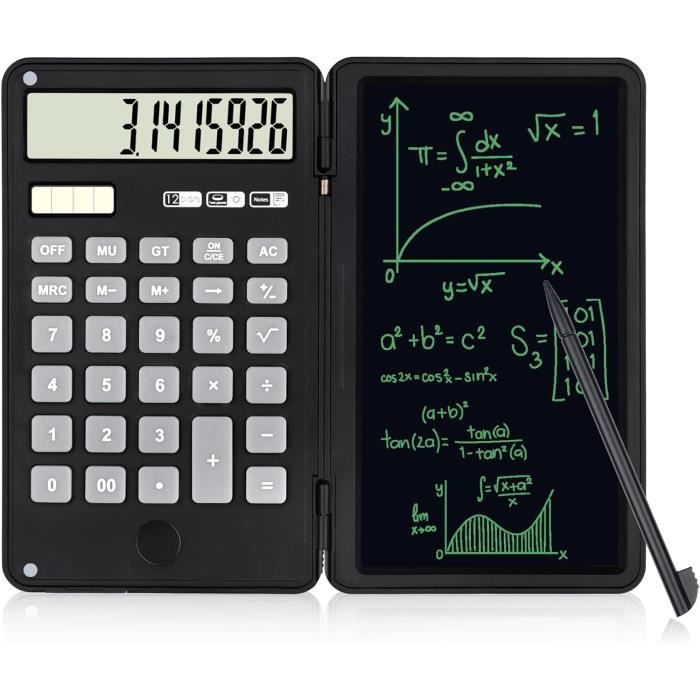 SISYS Calculatrice De Bureau 12 Chiffres Avec Tablette LCD 6" Effaçable - Solaire Et Batterie, Noire