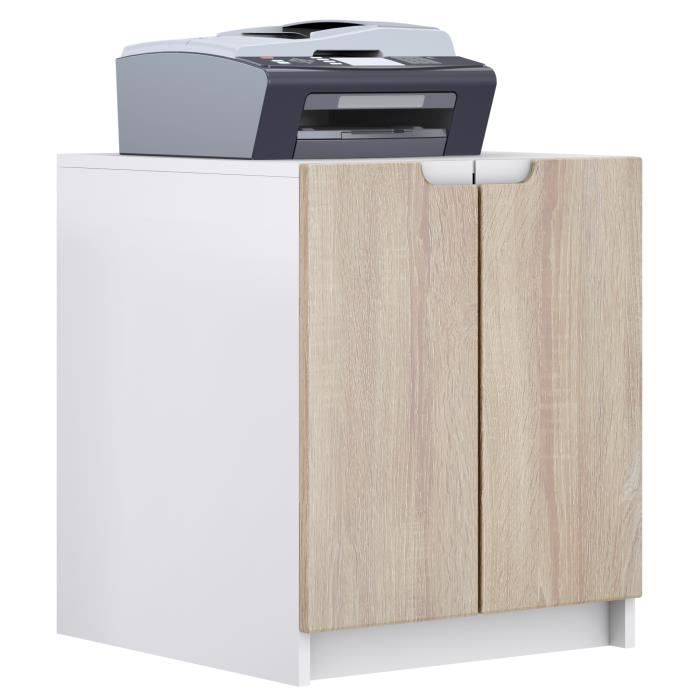 commode d'imprimante logan, armoire à dossiers avec 2 compartiments et 2 portes, blanc mat - chêne brut, (51 x 60,5 x 54 cm)