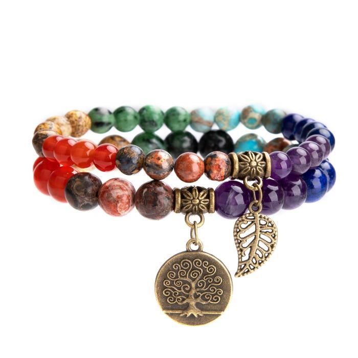 Bracelet En Pierre Naturelle - Bracelet Perles Naturelles Femme-Ensemble De Deux Bracelets Avec Accessoires Arbre De Vie Et Feuille