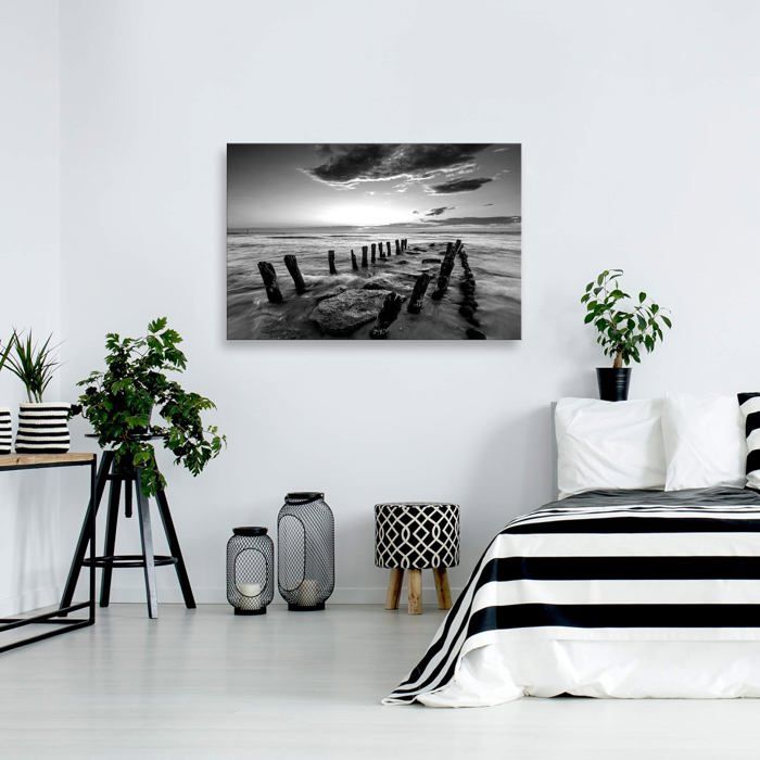 HOQIU Poster Nature, Peinture Paysage Bord De Mer Affiche Decoration Murale, Convient Pour Le Salon, La Chambre Etc. - 70x100cm Encadrée(Noir Et Blanc