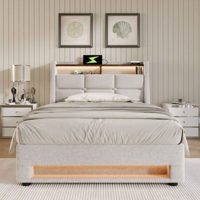 Lit 90x200 avec Sommier LED et 4 Tiroirs, Lit Coffre 90x200 avec Rangement et Tete de Lit Réglable, Lit Simple avec à Lattes Lit 1 Place, Lit Rembourré Cadre de lit 90x200(sans
