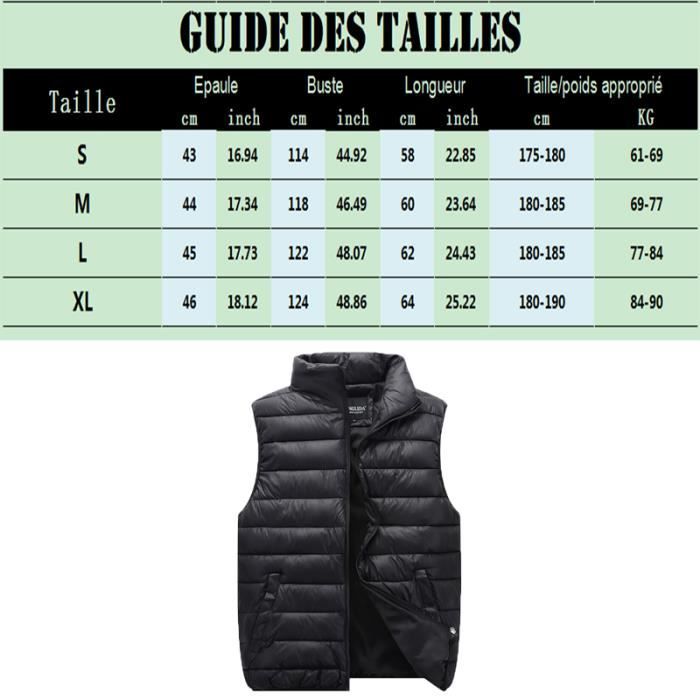 Doudoune Homme Sans Manche Grande Taille Doudoune Femme avec Zippe Veste en Duvet Chaud en Automne et En Hiver Noir