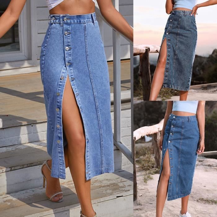 Jupe en Jean a boutons pour femmes Marque Modele Sexy Mi mollet Longue 30291 Dark Blue Blanc Cdiscount Pret a Porter